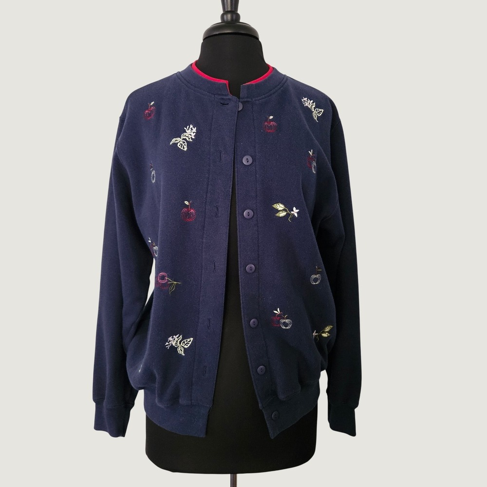Vintage sweater Womens Fruit Embroidered Cardigan Apples Cherries Cottagecore